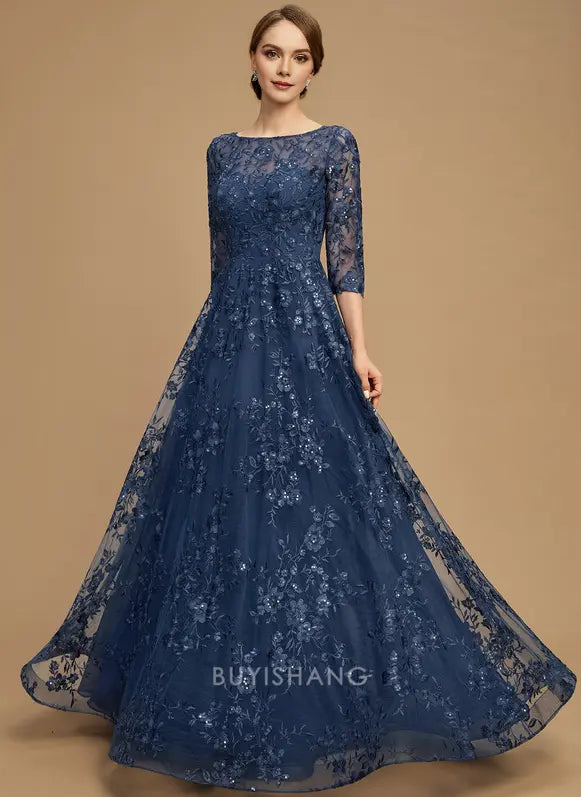 Elegant Plus Size Round Neck Three-Quarter Sleeve Floral Lace A-Line Maxi Dress Mother of the Bride Dress